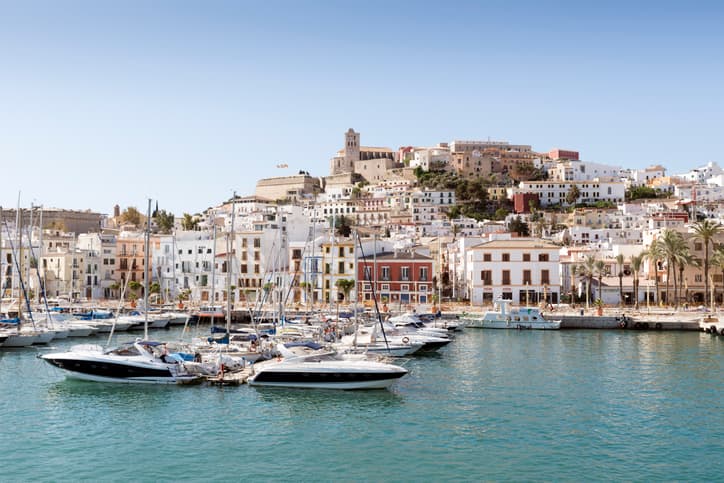 Ibiza (Eivissa) town with blue Mediterranean sea city view