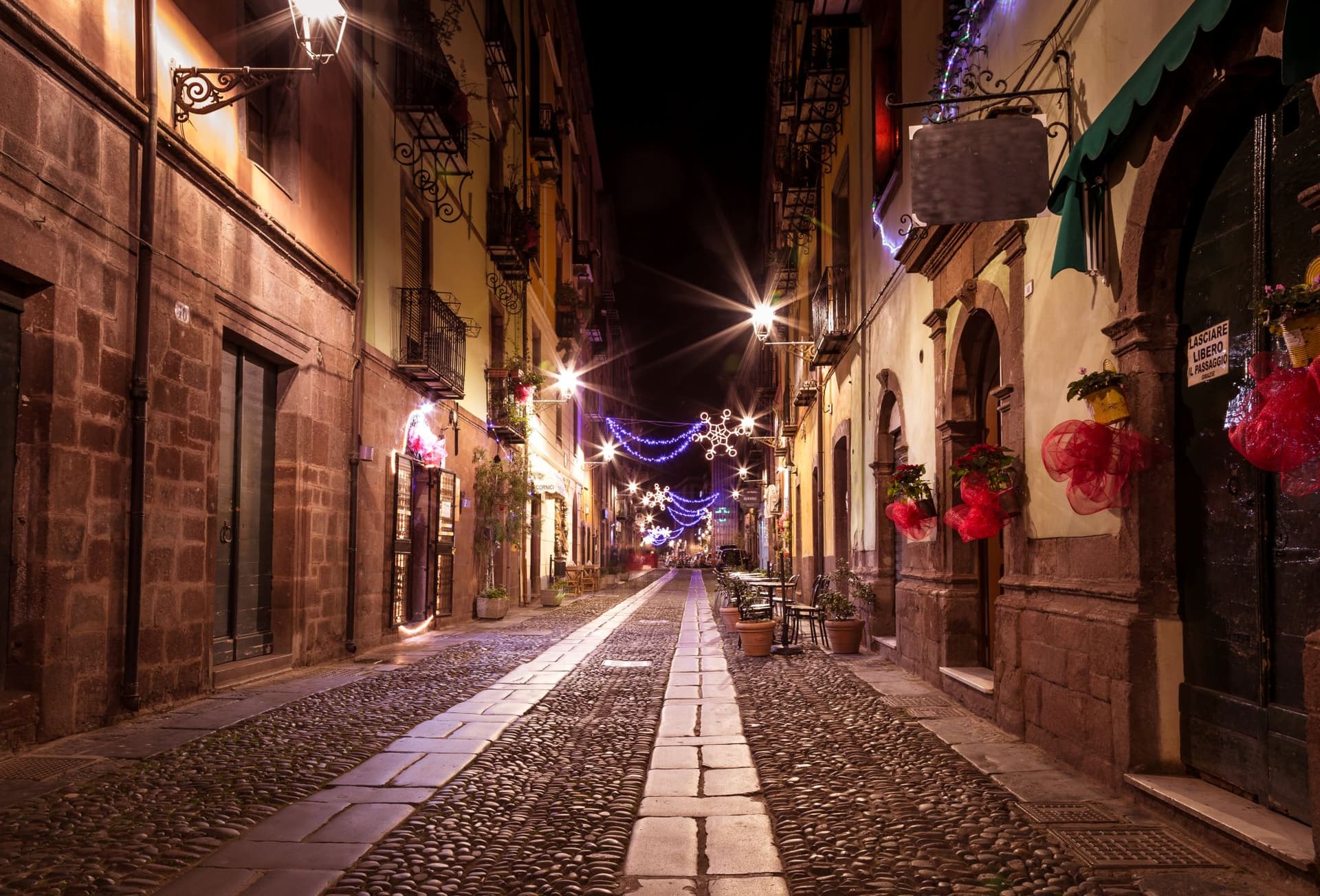 A glowing winter street in Sardinia, Italy.