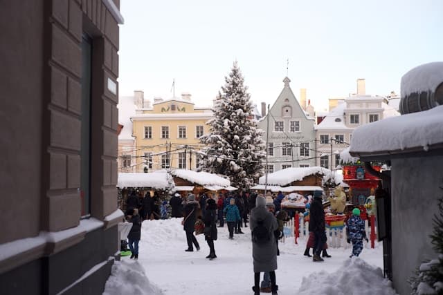 Visitatori che passeggiano tra le bancarelle innevate del mercatino di Natale di Tallinn in Piazza del Municipio, con un grande albero illuminato e edifici storici sullo sfondo.