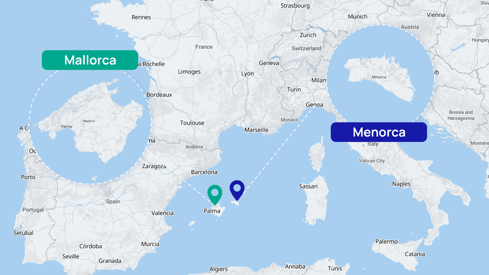 Un carte mettant en lumière les îles de Majorque et Minorque