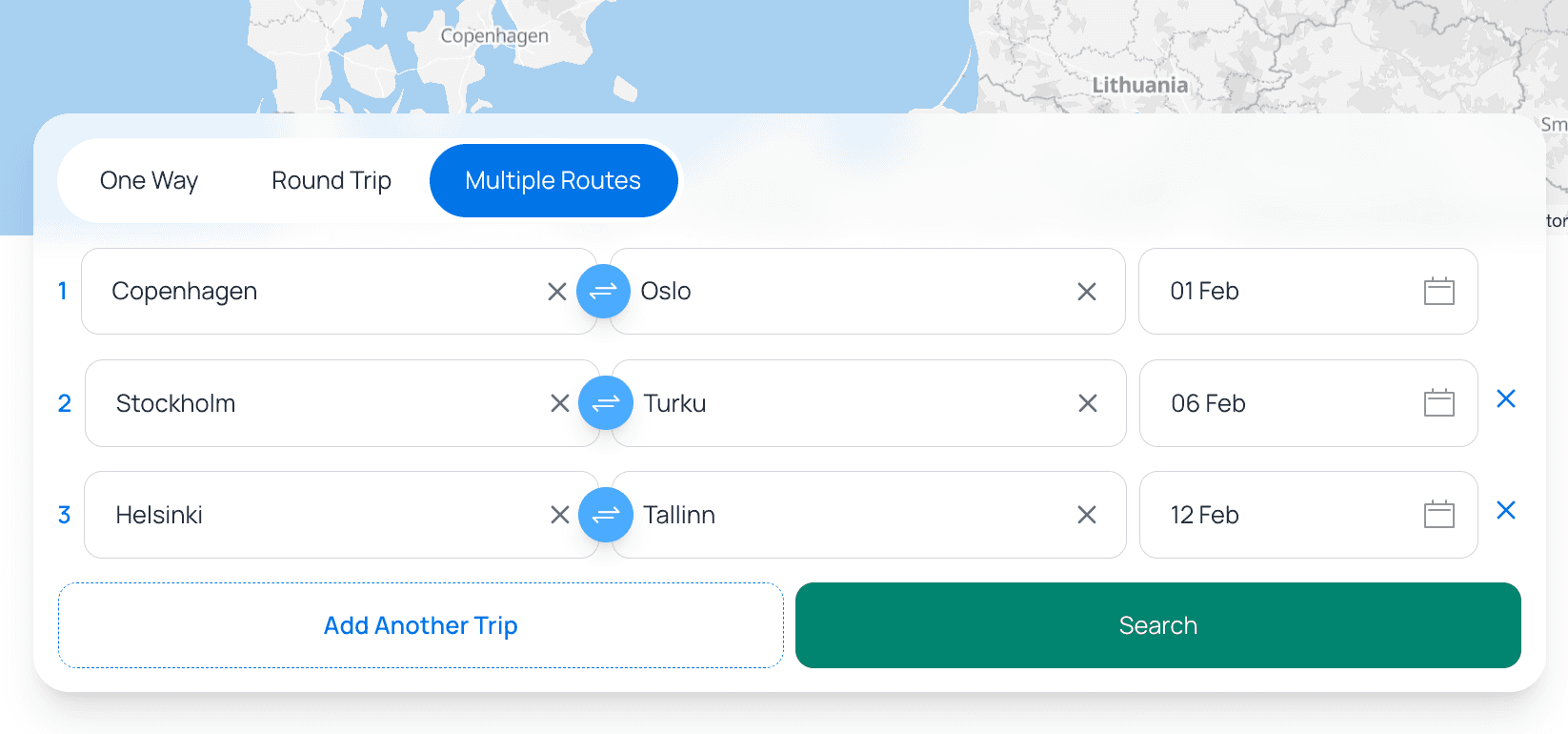 Various ports from Scandinavia input on a multiple route research on Ferryscanner.