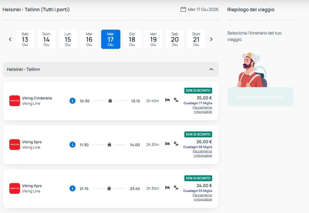 Schermata dei viaggi in traghetto di Viking Line, con la promo estate