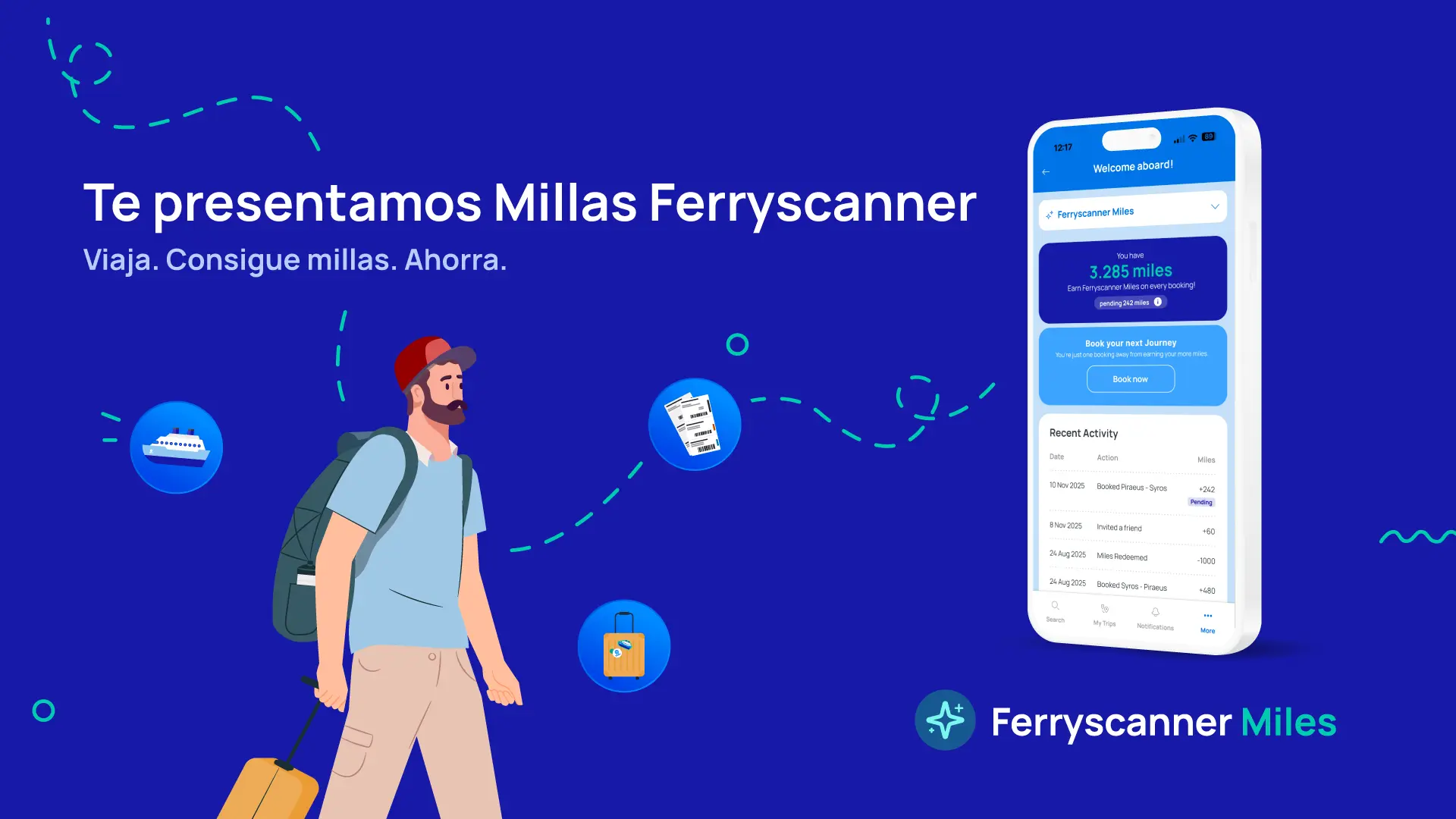 Ilustración de la aplicación Ferryscanner que muestra las millas acumuladas y la interfaz de descuentos en viajes.
