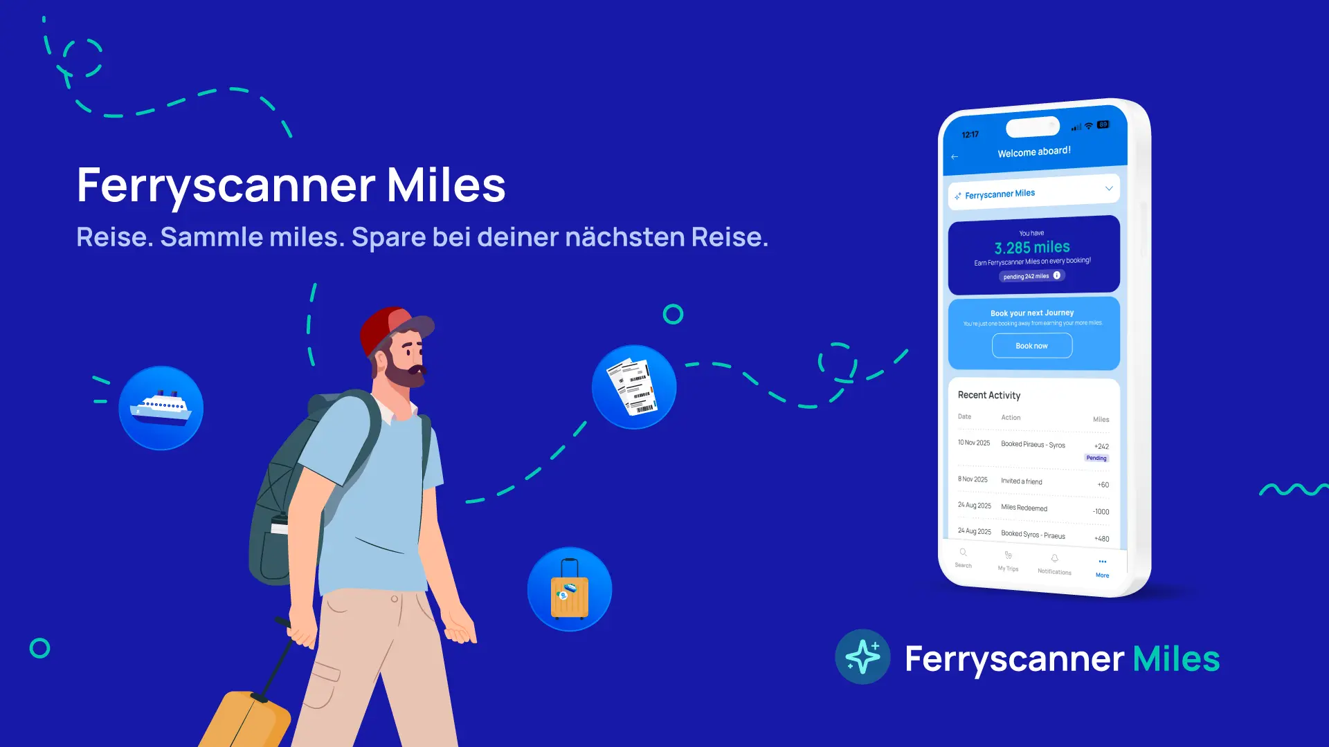 Illustration der Ferryscanner Miles App mit Anzeige gesammelter Meilen und Reiseprämien