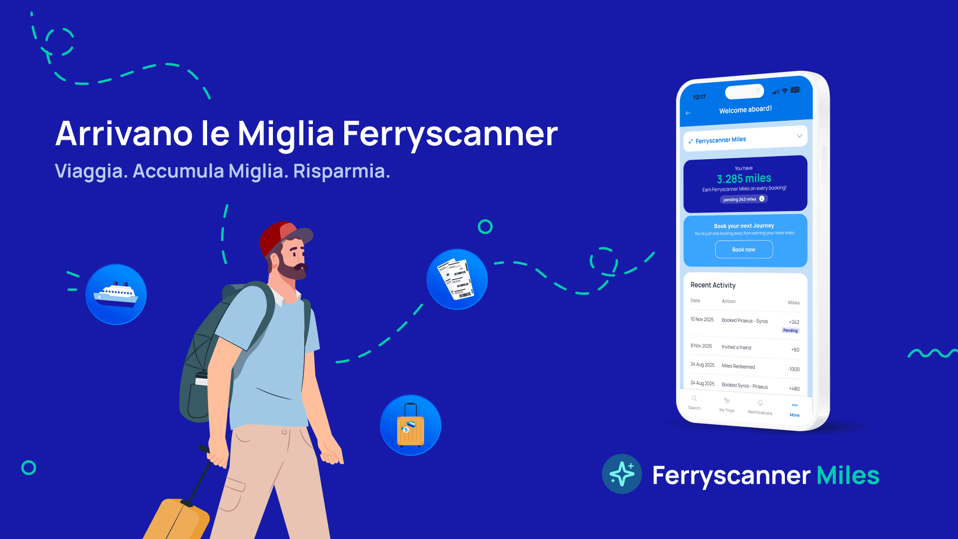 Illustrazione dell’app Ferryscanner che mostra le Miglia accumulate e l’interfaccia degli sconti sui viaggi.