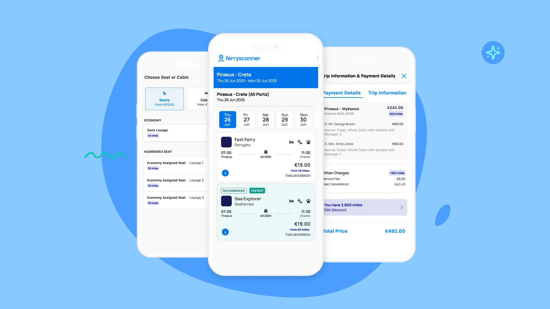 Interfaccia di prenotazione Ferryscanner con diversi traghetti disponibili e ammontare delle miglia che si possono ottenere come sconto al momento del pagamento.