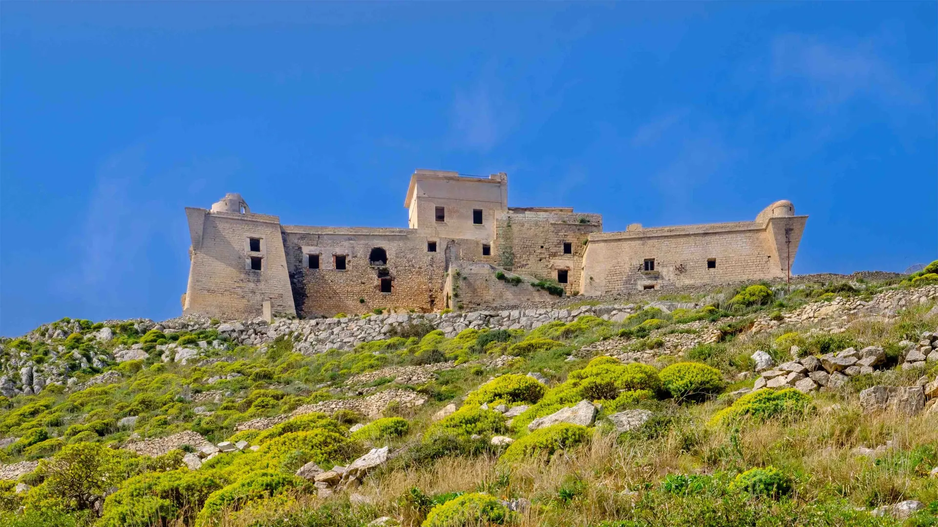 Crisp green moss surrounds Santa Caterina castle in Favignana, Italy.