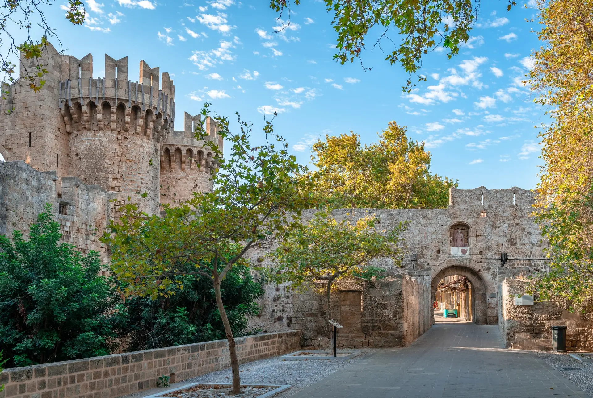 The Gate of Saint Antony and the tower of Saint Mary in the entrance of the medieval ton of Rhodes, Greece