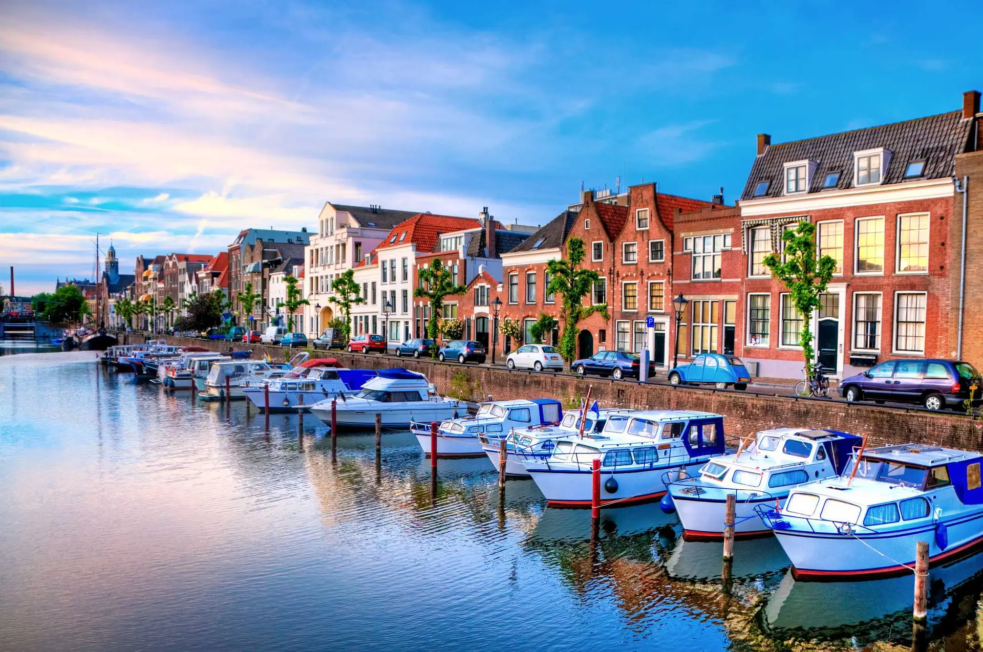 Historic cityscape along a channel in Delfshaven, a district of Rotterdam, the Netherlands.
