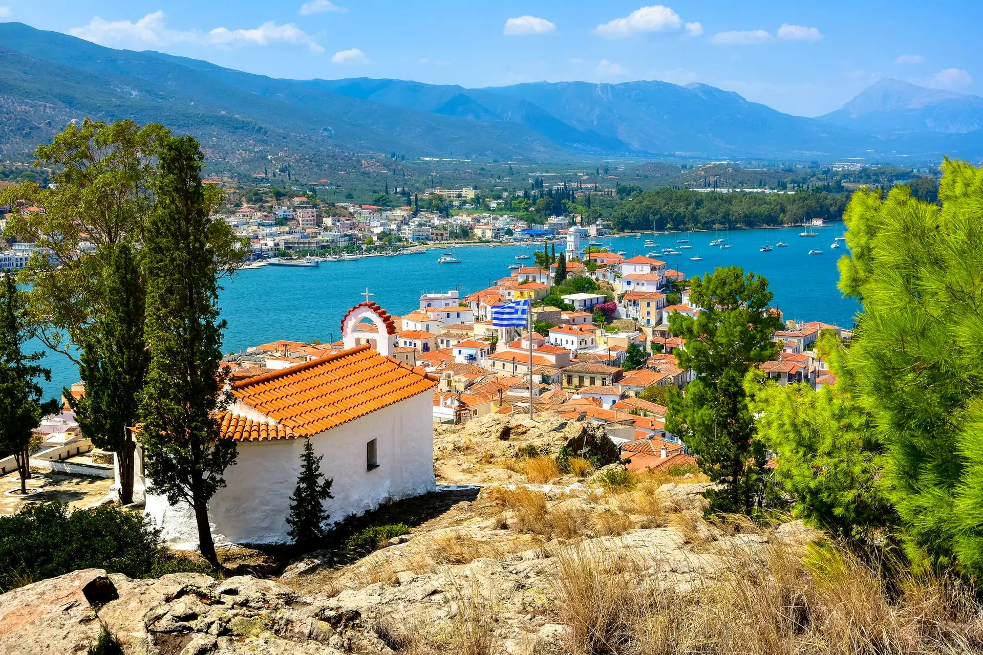 The colourful coast of Poros, Greece.
